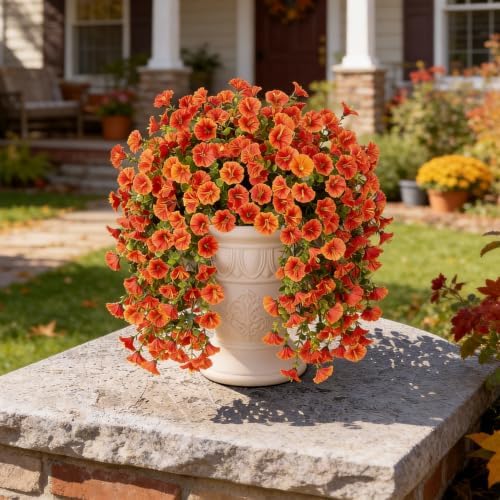 Orange Artificial Fall Petunias Flowers, 4 Pcs Silk Faux Flowers UV Resistant No Fade Fake Plants, Realistic Indoor Outdoor Decor for Garden Balcony Yard Porch - Image 5