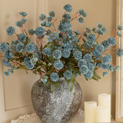 8 Pcs Fake Mums Kiku Flowers Artificial with Wild Flowers Bulk, Blue Silk Flower Arrangements Decor Floral Centerpieces For Tables Artificial Fall Flowers for Vase DIY Bouquet Coffee Dining Home - Image 3
