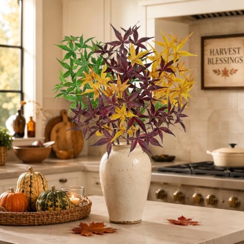 Hollyone 3Pcs Artificial Japanese Maple Leaves Branches 31.5'' Fake Fall Leaves Stems Plants Faux Maple Leaf Bushes Shrubs for Home Decor Thanksgiving Festival Party Autumn Decorations Mixed Color - Image 5