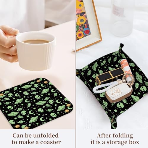 PU Leather Jewelry Valet Tray, Portable Catchall Tray for Keys, Wallet, Watch, Travel Organizer for Nightstand Desk Entryway Home Decor Gift for Women Men Green Aliens - Image 3