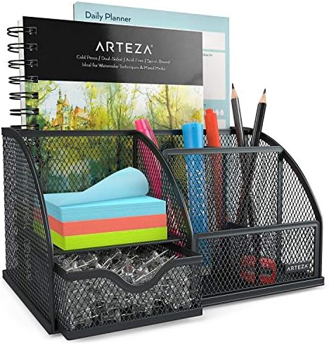 Arteza Mesh Metal Office Desk Organizer with Drawer, 6-Compartment Multi-Functional Design Holds Office Supplies & Accessories Like Pens, Pencils, Notes, Staplers & Scissors (Black) - Image 2