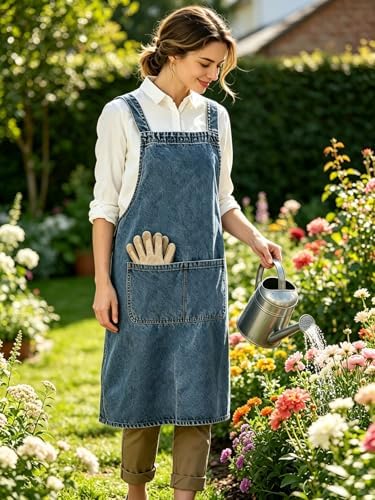 Denim Bib Apron for Women Men, Unisex Cross Back Aprons with Large Pockets - Image 5