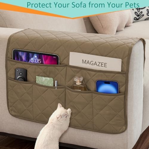 Remote Control Holder for Recliner Non-Slip Armchair Caddy Couch Armrest Organizer, Arm Chair Bedside Caddy Storage Organizer for Recliner Couch With 6 Pockets for Magazine, Phone, iPad (Beige) - Image 5