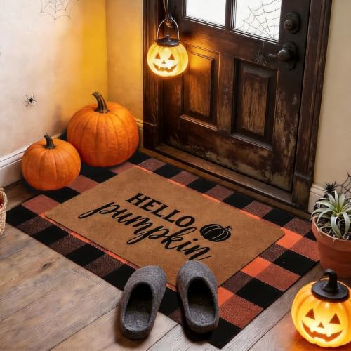 2 Pack Halloween Door Mat Set, Pumpkin Coir Mat & Orange Black Plaid Mat - Image 4