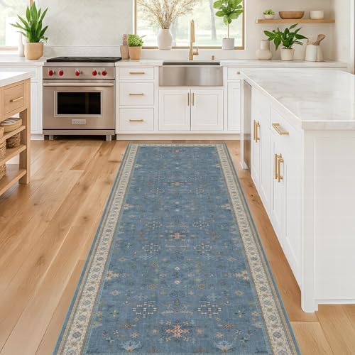 Hazo Haus Light Blue 2x8 Long Washable Runner for Hallway - Boho Non Slip Door Mats Indoor Entrance, Vintage Floral Runner Rugs for Kitchen Non Skid, Low Pile & Soft Indoor Décor - Image 3