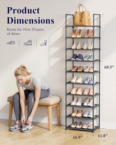 Kitsure 10 Tier Shoe Rack, Tall Shoe Organizer, 16.9" Wide, Black - Image 3