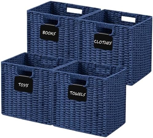 UBBCARE 4 Pack Wicker Basket, 10.5×10.5 Storage Cubes with Label, Foldable Cube Storage Bin with Handle, Square Storage Basket for Shelves, Woven Paper Rope Basket for Organizing, Blue by UBBCARE