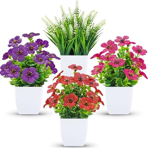 Der Rose 4 Pack Small Artificial Flowers in White Pots, Spring Home Decor by DerRose