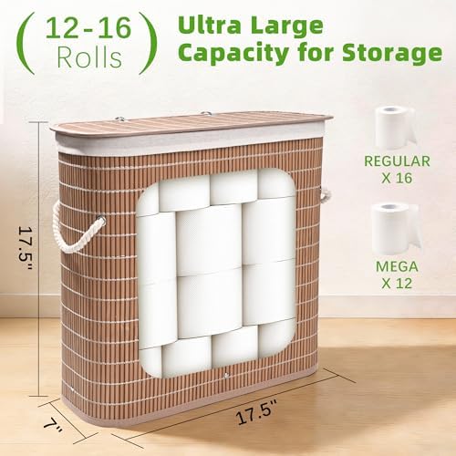 Livole Hand-Woven Bamboo Toilet Paper Storage with Lid & Handle, Brown - Image 2