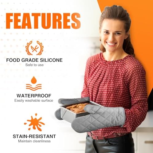 Silicone Oven Mitts, Heat Resistant 2PCS Oven Mitts with Soft Cotton Lining, Waterproof Non-Slip Grip Oven Glove, Kitchen Potholder Mits for BBQ, Baking, Cooking, 10.5Inch - Dark Grey - Image 4