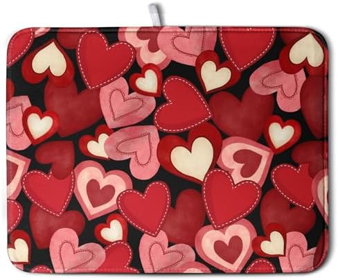 Valentine Dish Drying Mat for Kitchen Counter Red Black Love Heart Drying Pad Microfiber Absorbent Coffee Bar Mat Heat Resistant Countertop Protector Dishes Drainer Mat 18x24 Inch by Kwlegh