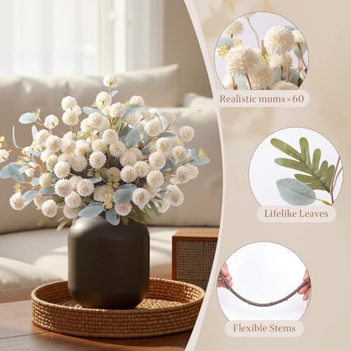 Alupssuc 16Pcs Faux Silk Mums Artificial Flowers with Eucalyptus White - Image 6