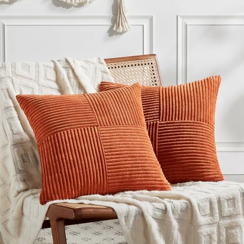 Fancy Homi Set of 2 Burnt Orange Decorative Throw Pillow Covers 24x24 Inch for Living Room Couch Bed, Boho Farmhouse Fall Home Decor, Soft Corss Corduroy Patchwork Textured Cushion Case 60x60 cm by Fancy+Homi