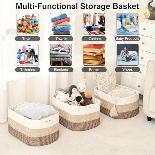 ICERZCZ Large Storage Baskets for Organizing Shelves, Woven Cotton Rope Bins for Baby Nursery Organization, Book Toy Towel Organizer, 17"x13"x9.5", 3 Packs, Gradient Brown - Image 4