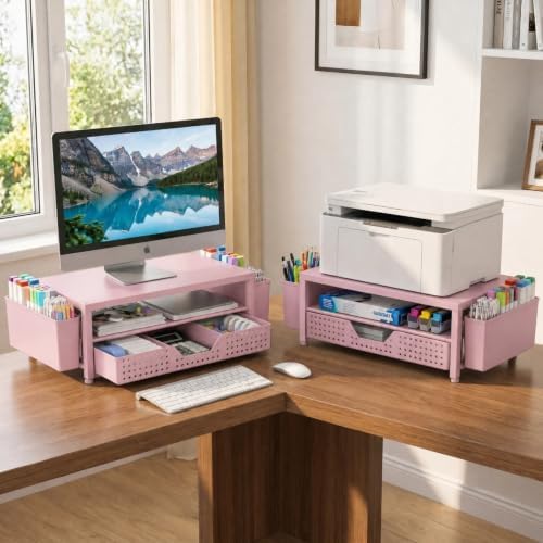 ECOLOVI Desk Organizer and Accessories, 2-Tier Computer Monitor Stand Rise with Storage Drawer & 2 Pen Holders, Laptop & Printer Stand for Desktop, Workspace Organizers for Office Supplies (Pink) - Image 4