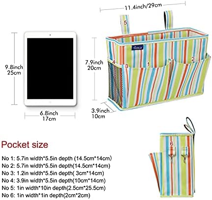 Surblue Bedside Caddy Hanging Bed Organizer Storage Bag Pocket for Bunk and Hospital Beds, College Dorm Rooms Baby Bed Rails,Wheelchair Side Bag,Camp Chiars,4 Pockets and 2 Hooks (Small GreenStripe) - Image 5