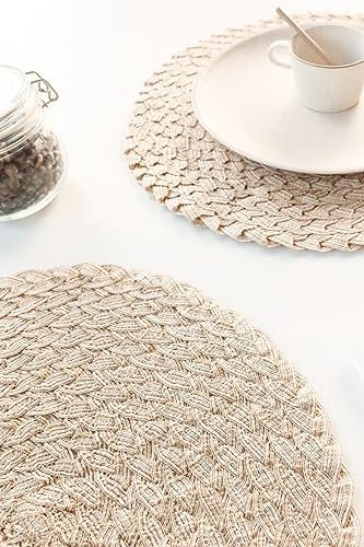Floroom 15 Inch Round Braided Placemats Set of 4, Washable Heat Resistant Cotton Polyester Circle Boho Place Mats for Kitchen Dining Table - Canvas Beige - Image 5