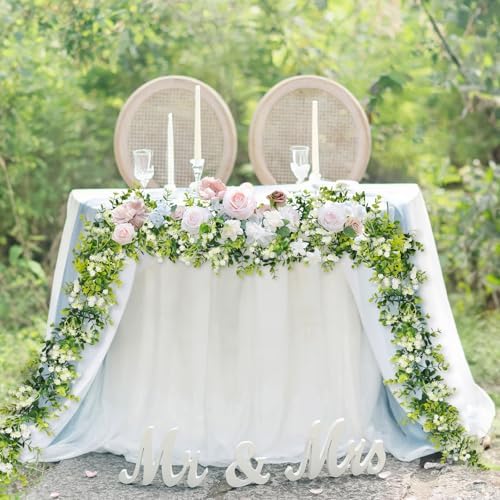 6FT Eucalyptus Garland with Flowers, 4 Pack Greenery Hanging Summer Eucalyptus Garland Suitable for Table Wedding Backdrop Arch Wall Party Thanksgiving UV Protected Indoor Outdoor Decorations - Image 3