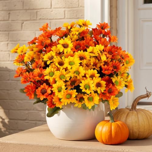 CEWOR 12 Bundles Fall Artificial Flowers for Outdoor Indoor, Fake Silk Daisy with Leaves, Autumn Faux Flower for Garden Patio Home Decor (4 Multicolor) - Image 4