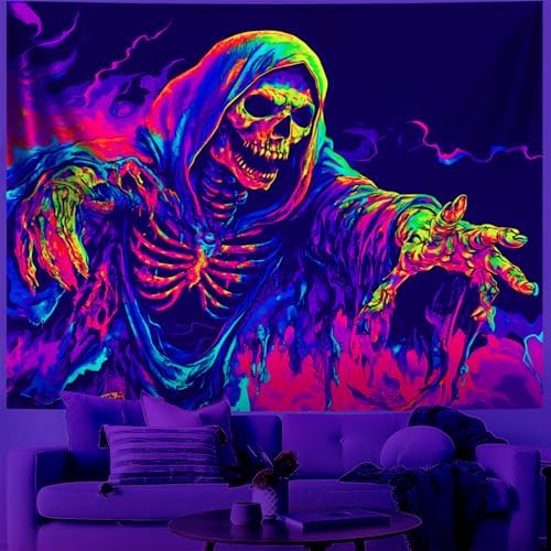 Blacklight Halloween Tapestry Horror Moon Night Scary Cemetery Pumpkin Lantern Halloween Tapestry Wall Hanging Skull Horror Poster Banners for Bedroom Livingroom (Skull man, 59L" x 51W", Unframed) by BVBOX