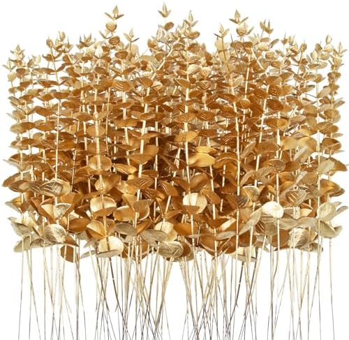 96 Pcs Gold Eucalyptus Stems Faux Greenery Leaves Bulk Artificial Eucalyptus Stems 15 inch with Gold branchs Decor for Wedding Bouquet Centerpiece Home Decoration by TGANNYOCR