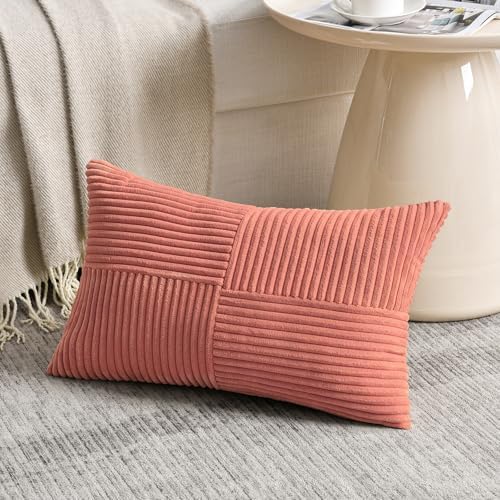 Fancy Homi 2 Packs Coral Long Lumbar Decorative Throw Pillow Covers 12x24 Inch for Couch Bed Sofa, Rustic Farmhouse Boho Home Decor, Soft Striped Corduroy Rectangle Accent Peach Cushion Case 30x60 cm - Image 2