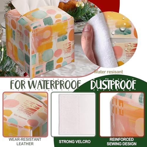 Modern Square Leather Tissue Box Cover/Case Holder Gifts for Women Family and Friends, Decorative Holder/Organizer for Bathroom Kitchen Nightstand Office Home (Pink Yellow Abstract) - B17 - Image 3