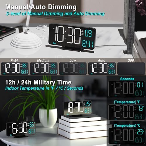 KOSUMOSU Digital Clock for Bedroom 6.7in Small Digital Alarm Clock Black, Dimming,12/24h,Date,Day of Week, Indoor Temperature,Desk Clocks for Classroom, LED Clocks for Living Room, Digital Calendar - Image 5