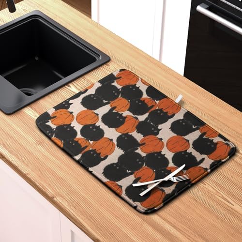Happy Halloween Dish Drying Mat for Kitchen Counter 18x24 Inch Cute Pumpkin Black Cat Trick or Treat Drying Mats Large Microfiber Absorbent Dish Rack Pad for Coffee Bar Sinks Home Accessories - Image 6