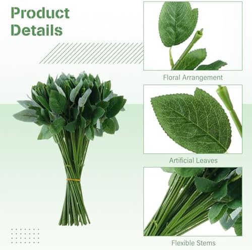 50 Pcs 13'' Rose Stems with Leaves, Fake Flower Stems, Faux Green Leaves Stems, Floral Arrangement Supplies, DIY Artificial Flowers Tools for Bouquet Wedding Party - Image 4