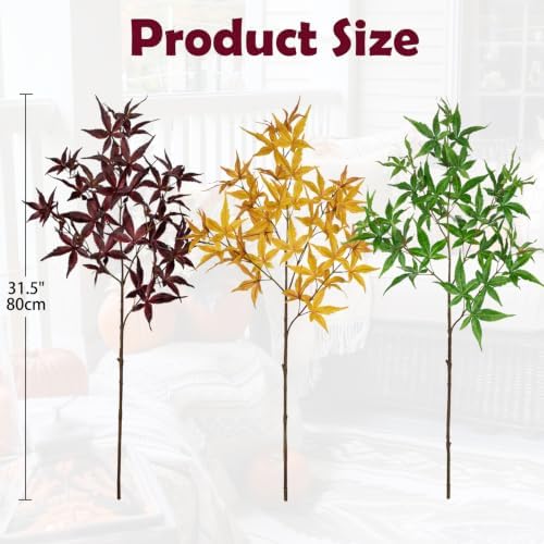 Hollyone 3Pcs Artificial Japanese Maple Leaves Branches 31.5'' Fake Fall Leaves Stems Plants Faux Maple Leaf Bushes Shrubs for Home Decor Thanksgiving Festival Party Autumn Decorations Mixed Color - Image 2