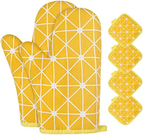 AUAUY Oven Mitts and Potholders BBQ Gloves-Oven Mitts and Pot Holders with Recycled Infill Silicone Non-Slip Cooking Gloves for Cooking Baking Grilling (6-Piece Set,Yellow) by AUAUY