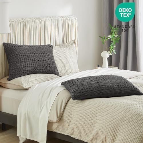 PHF 100% Cotton Waffle Pillow Shams Queen Size, 2 Pack 20" x 30" Soft Skin-Friendly Pillowcases, No Filling, Aesthetic Woven and Breathable Waffle Weave Pillow Case Covers for Bed, Charcoal Grey - Image 6