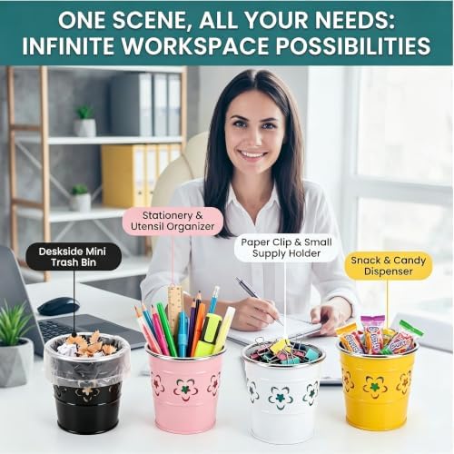 Noamus 9 Pack Metal Pen Holder, Desktop Pencil Bucket with Hollow Flower Cutouts, Colorful Makeup Brush Storage Cup, Versatile Cutlery Pots for Office Classroom School Crafts(9 Color) - Image 4
