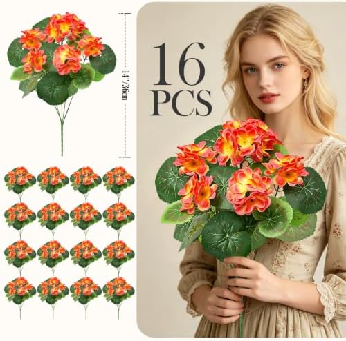 16 Bundles Artificial Geraniums, UV Resistant, Orange - Image 3