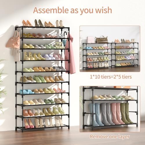 LANTEFUL 10 Tiers Shoe Rack 50 Pairs Large Capacity Tall Shoe Organizer Sturdy Shoe Storage with Two Hooks Space Saving Metal Wide Shoe Rack for Closet, Entryway, Bedroom, Black - Image 5