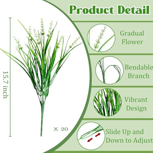 20Pcs Fake Plants Artificial Flowers Monkey Grass for Outdoors，UV Resistant Realistic White Artificial Plants Outdoor，No Fade Greenery Shrubs Outside Decor for Courtyard Porch Patio Garden - Image 3