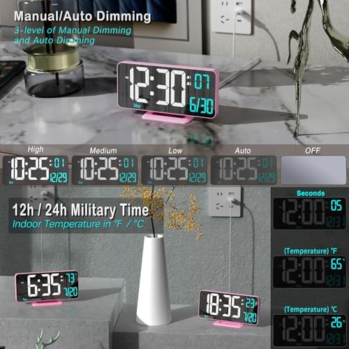 Pink Digital Clock for Bedroom 6.7in Dual Alarm Clock with Dimming, 12/24h, Seconds, Date, Day of Week, Temp, Desk Clock, LED Clock for Table Decor, Digital Calendar Table Clocks for Bedrooms KOSUMOSU - Image 3
