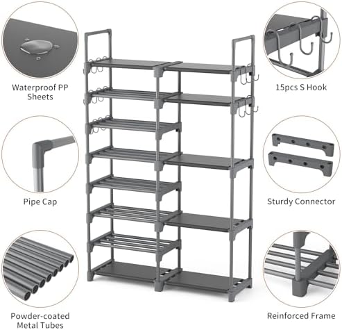 ROJASOP Shoe Rack, Shoe Storage Organizer for Closet Entryway Garage Bedroom, 8 Tier Tall Metal Shoe Shelf for 26-32 Pairs Boots & Shoes, Adjustable Shoe Stand for Small Space - Image 5