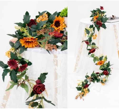MAKHOT 2Pack Artificial Maple Leaves and Sunflowers Burgundy Roses Garland - Image 6