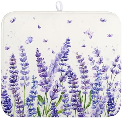 Purple Lavender Dish Drying Mat for Kitchen Counter Spring Summer Flower Floral Dishes Drainer Mats Absorbent Microfiber Dish Drying Pad Washable Dish Draining Mat Medium 16x18 Inch by Wnoesat
