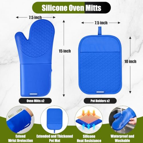 Silicone Oven Mitts and Pot Holders with Kitchen Towels and Dishcloths Sets, Baking Gloves Hot Pads 500°F Heat Resistant with Non-Slip Grip Surface, Mitts Set Includes 4 Kitchen Towels/4 Dish Towels - Image 2