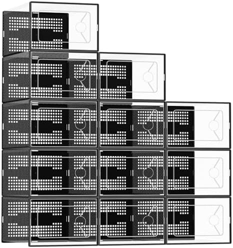 DUMOS Shoe Storage Boxes, 12-Pack Stackable Clear Shoe Containers with Lids, Display Sneaker Case Organizer for Closet, Under Bed, Entryway, Black, Fit Size 11 by DumosLifestyle