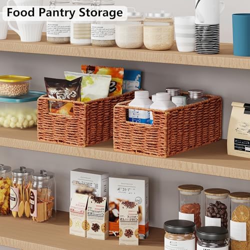 Vagusicc Wicker Storage Basket, Set of 2 Hand-Woven Paper Rope Wicker Basket, Small Storage Baskets for Organizing Toilet Paper, Foldable Small Cube Organizer Bins for Shelves (Orange) - Image 6