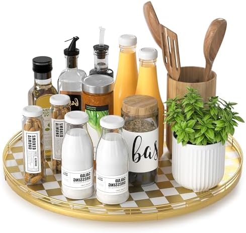AMH 16-Inch Gold and White Checkerboard Lazy Susan with Rubberwood Base by AMH