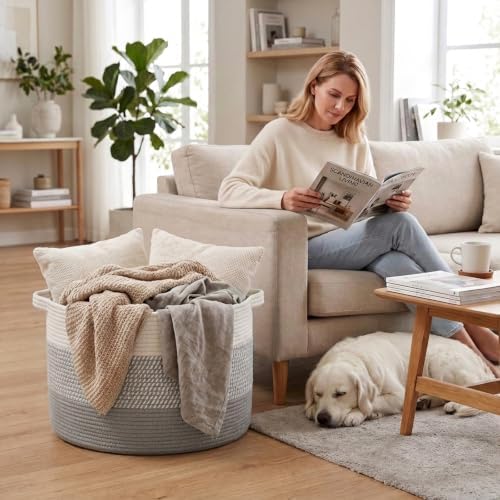 90L Extra Large Blanket Basket,Woven Rope Laundry Basket-Grey - Image 4