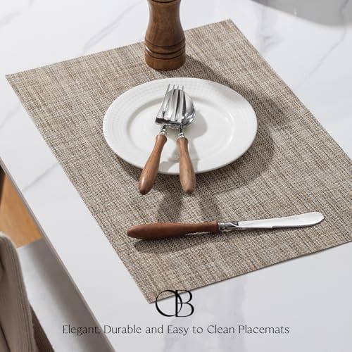 Placemats Set of 6 - Easy Clean Woven Vinyl Placemats for Dining Table, Indoor/Outdoor Place Mats, Washable PVC Table Mats（Caramel） - Image 3