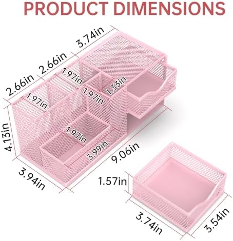 Mesh Desk Organizer with 2 Drawers, Metal Pen Holder for Desk, Pink - Image 2