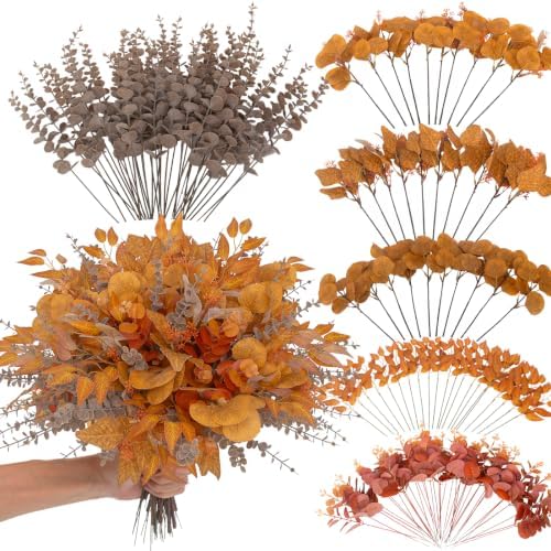 lovemoon 260 Pcs Fall Mixed Greenery Artificial Eucalyptus Stems, Orange by Lovemoon