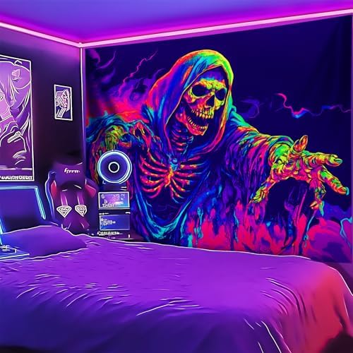 Blacklight Halloween Tapestry Horror Moon Night Scary Cemetery Pumpkin Lantern Halloween Tapestry Wall Hanging Skull Horror Poster Banners for Bedroom Livingroom (Skull man, 59L" x 51W", Unframed) - Image 5